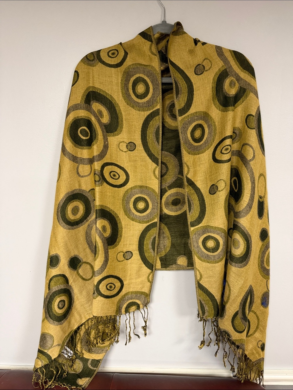 Pashmina 100% Pashmina Olive Green & Gold Patterned Large Fringed Scarf/Wrap